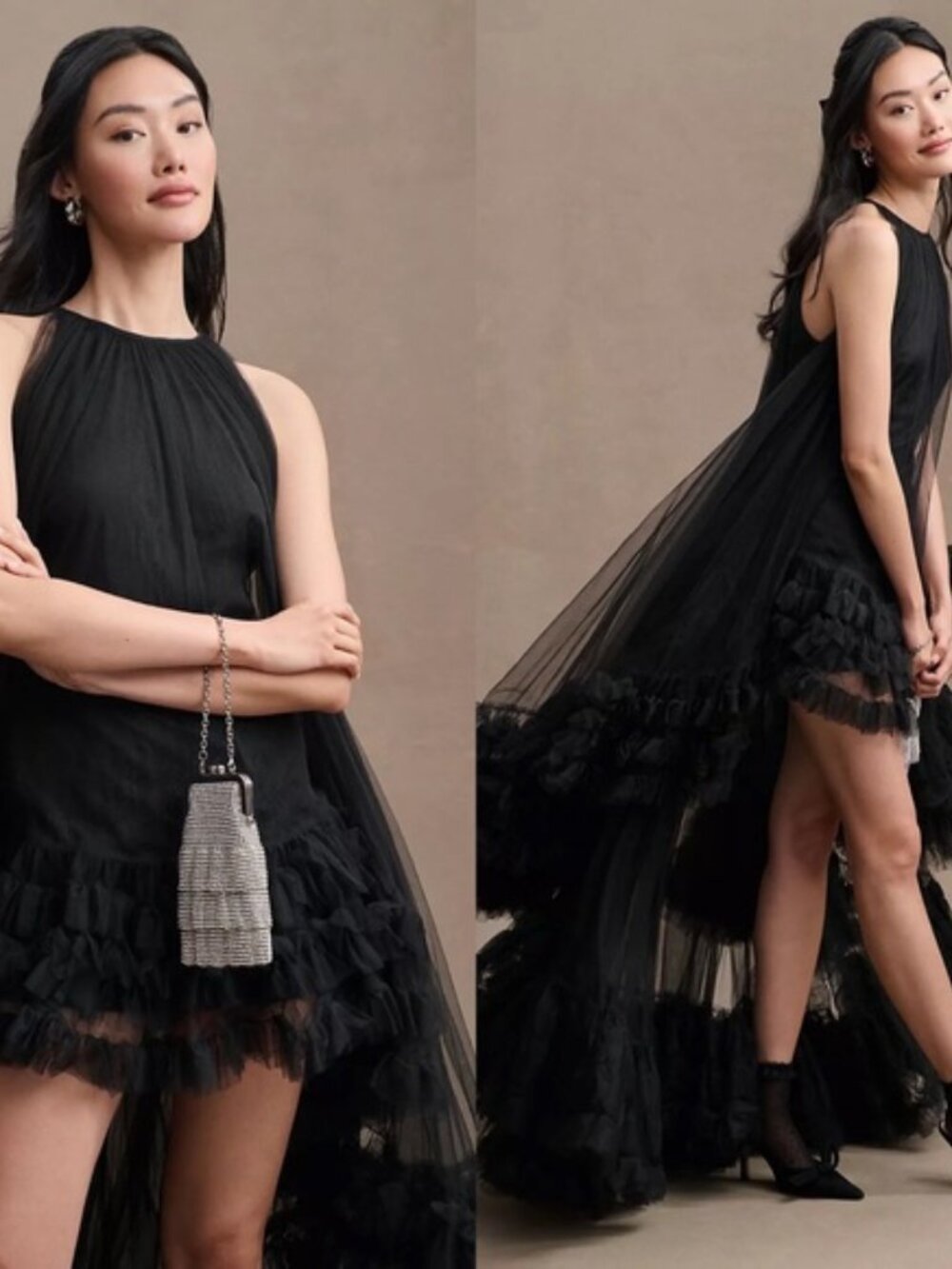 MAC DUGGAL Black Tulle High Neck Sleeveless Ruffled Hem Hi-Low Gown